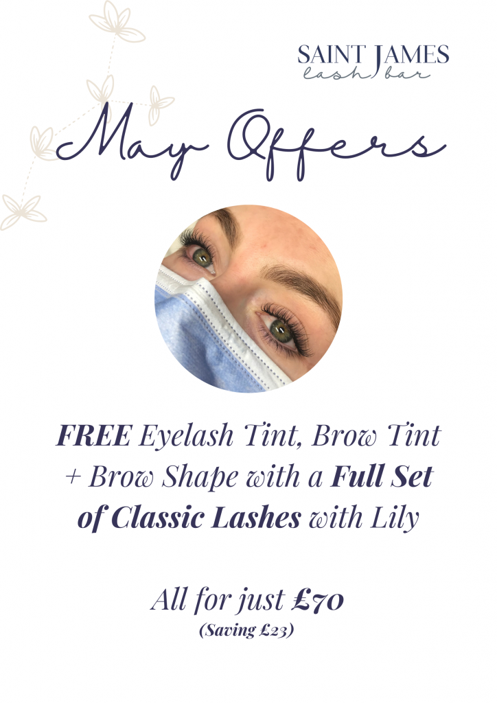 May Special Offer FREE eyelash tint. brow tint & shape with a full set of classic eyelash extensions